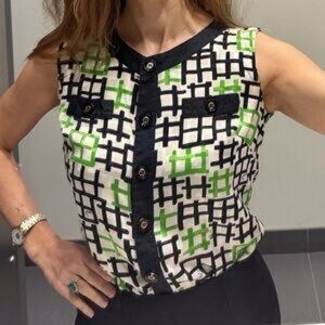 Milly -Silk Black & Green Geometric Sleeveless Blouse-Classic-Size 10